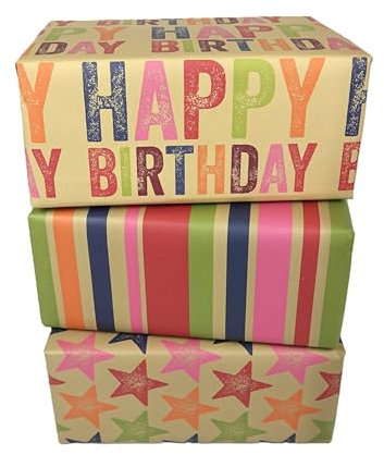 WRAPT Eco Birthday Wrapping Paper Large Quality Thick 50x70cm Present Sheets - UK Made - Recyclable Bright Scandi Gift Wrap (Buff Birthday/Star/Stripe, 6 sheets)