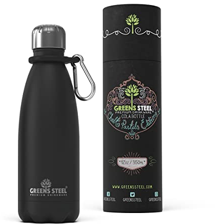 Greens Steel Botella de Agua en Acero Inoxidable - 350 ml, Negro I Aislado al Vacío de Doble Pared I Mosquetón y Caja de Regalo Incluidos I Reutilizable, a Prueba de Fugas para Adultos y Niños