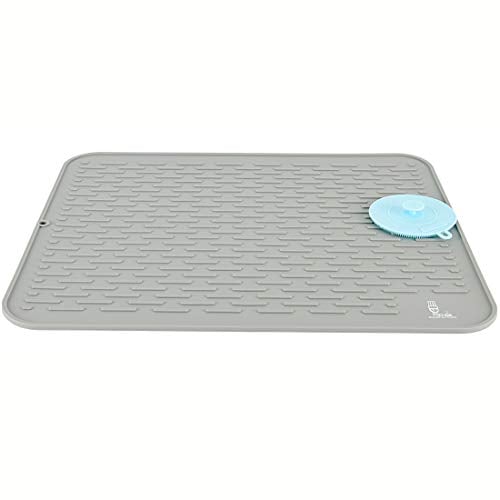 Esteras grandes de secado de platos de silicona Grosor con un depurador de silicona para encimera, salvamanteles resistente al calor, placa de drenaje (Gris, 54 × 46 cm)