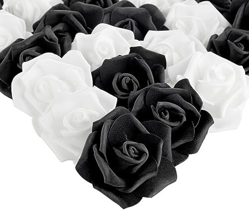 100 Pack Black and White Artificial Flowers, Bulk Stemless Fake Foam Roses for Halloween Decorations, DIY Crafts, Bouquets (7 cm)