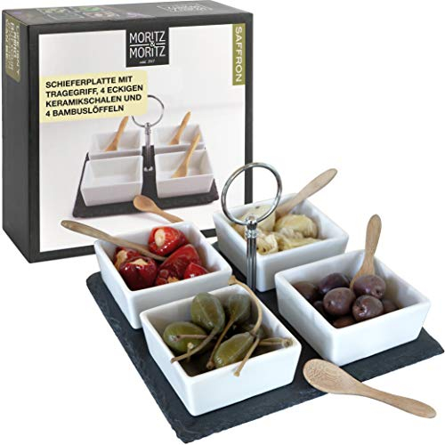 Moritz & Moritz Slate Serving Platters Set - Slate Tray with Ceramic Bowls and Spoons - for Dips Snacks and Starters