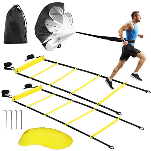 Buluri Koordinationsleitern für Fußball, Sporttrainingsgeräte – 2 Beweglichkeitsleitern, 12 Kegel, 4 Haken, Widerstandsfallschirm mit Tragetasche für Fußball, Tennis, Basketball
