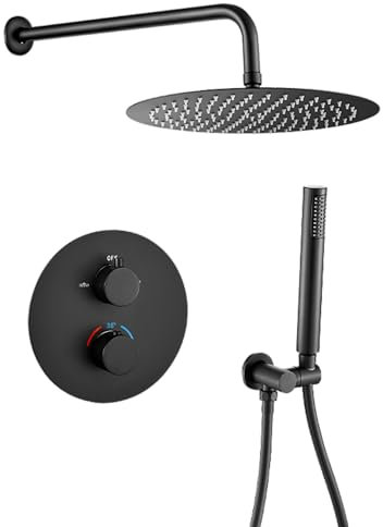 VALAZ Doccia Incasso Nero Opaco | Miscelatore Incasso Doccia Termostatico Spruzzatore Effetto Pioggia | Installazione a Parete Facile | Inossidabile, Quadrata, Spruzzatore 20 cm, Serie Jucar