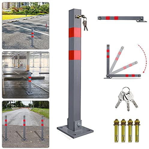 EINFEBEN Stahl Klappbare Parkpfosten Parkplatzsperre Absperrpfosten Parkplatzsperren mit 3 Schlüssel und Reflexstreifen Robust Standfuß Sperrpfosten Set (1 Stück)