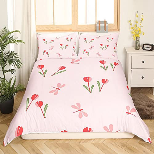 Loussiesd Tulpen Bettwäsche Set 135x200cm Libelle Tulpen Bettbezug Set für Kinder Jungen Mädchen Botanisch Blumen Betten Set Tier Rosa mit 1 Kissenbezug