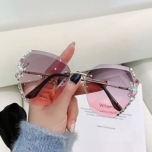 Woman Rimless Diamond Sunglasses, Gradient Rhinestone Oversized With Diamond Cutting Lens (Grey Pink)