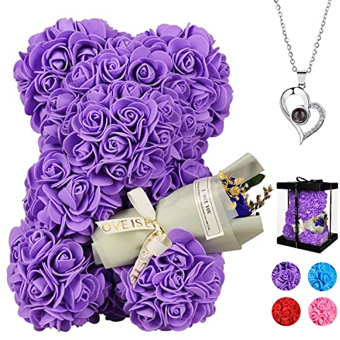 Valentinstagsgeschenke, handgefertigter Blumenbär, Rosenbär, für immer Rose und Dekoration für Jubiläen, Geburtstage, Geschenke von ihr, Geschenke für Frauen, transparente Geschenkbox (lila)