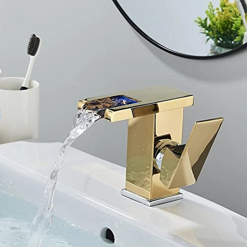 Rubinetto Bagno Cascata LED Monocomando Miscelatore Lavabo Bagno Stile Moderno Ottone Rubinetto Bagno Lavabo, Acqua Calda E Fredda Disponibile, Valvola In Ceramica, Oro