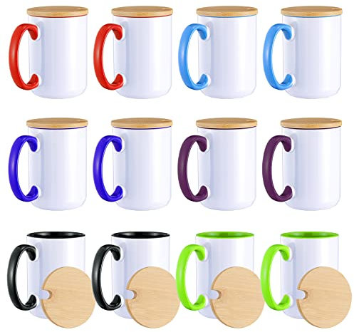 RAINBOWTIE Tazas Para Sublimar Lot de 12 tasses à café de sublimation avec couvercle en bambou, 445 ml, 6 couleurs assorties