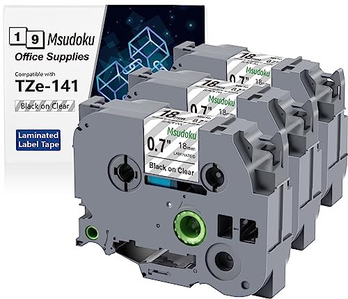 Msudoku Tze Tz Tape 18mm 0.7 Laminated Clear Compatible for Brother P Touch Clear Label Maker Tape TZe-141 TZe141 Etikettenband für PT D400 D600 D610 P710BT, Schwarz auf Transparent, 3/4 Zoll x 26,2