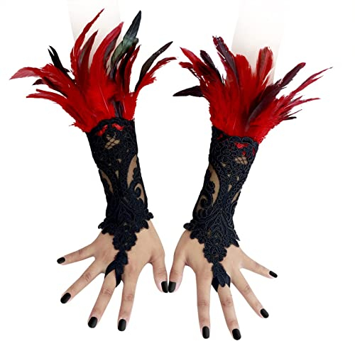 CAMDOM Steampunk Federmanschette Handschuhe Vintage Spitze fingerlose Armkette, schwarz/rot, One size