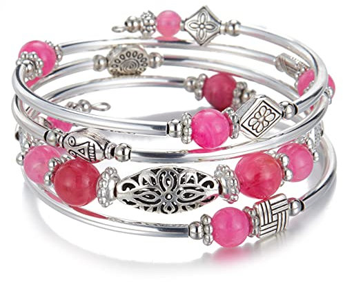 BULINLIN Beaded Silver Bangle Wrap Bracelet for Her, Layered Bohemian Bracelets with Natural Stone, Jewellery Gifts for Women Ladies (Hot pink)