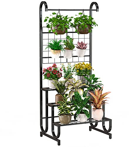 Mutool 3 Tier Hanging Plant Stand, Metal Outdoor Plant Stand Plant Shelf With Trellis, Heavy Duty Plant Ladder Shelf Plant Storage Rack Plant Display Shelf for Indoor Outdoor, Black