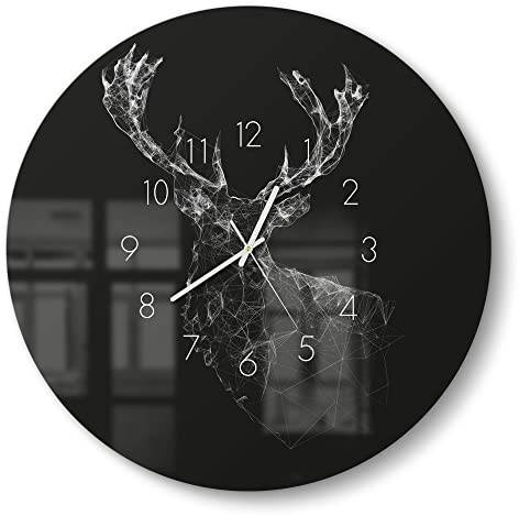 DEQORI Glasuhr | rund Ø 50 cm | Motiv Digitalisierter Hirsch | große XXL Design Uhr aus Glas | leise Wanduhr für Wohnzimmer & Küche | Moderne Hingucker Uhr für die Wand