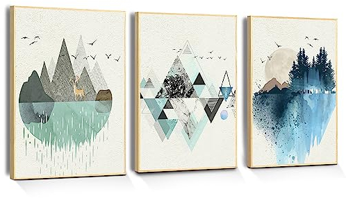 hyidecorart Abstrakte Bilder Mit Rahmen Holz, Grün und Blau Geometrische Berg Landschaft Leinwand Wandkunst, Modern Nordischer Wandbilder Wohnzimmer Schlafzimmer Esszimmer Küche und Badezimmer