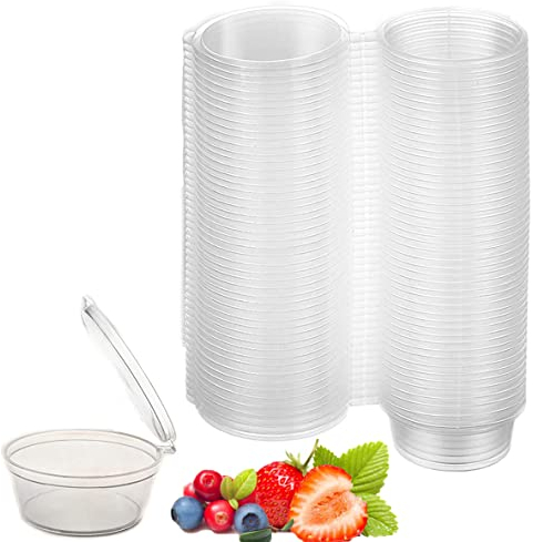 BFGLLY 4oz Reusable Plastic Pots Round Food Containers Plastic Pots Sauce Pots with Lids Sauce Cups Leakproof Take Away Deli Pots BPA Free- 50 Pack