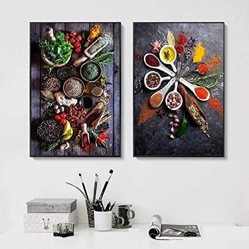 HTWLMM Leinwand Malerei Gemüsekorngewürze Kochen Essen Bilder Kunstdruck für Küche Restaurant Wandbilder Deko Rahmenlos (2x40X50CM)