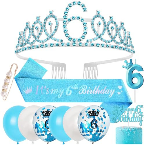 6 Geburtstag Dekorationen - Schärpe, Tiara, Krone & Luftballons für Mädchen