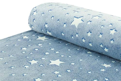 Wellnessfleece Stoff Fleece Coralfleece leuchtet im Dunkeln Sterne blau - Meterware ab 25 cm x 165 cm - Stoff zum Nähen