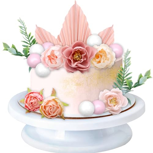 29 Pack Cake Decorations, SPOKKI Green Birthday Cake Toppers with Artificial Flower Leaves Palm Fan Cake Decorations, Mini Gold Balloon Cake Topper with Box for DIY Party Crown Cake topper (A)