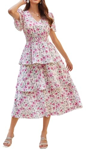 GRACE KARIN Women Summer Beach Dress V Neck Short Bell Sleeve Smocked Tiered Dress Long Floral Chiffon Dresses Pink Flower S