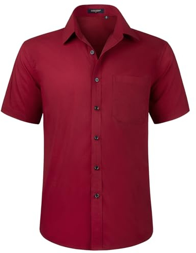HISDERN Mens Short Sleeve Burgundy Shirt Regular Fit Casual Formal Shirts Button Down Business Dress Shirt Non Iron,4XL