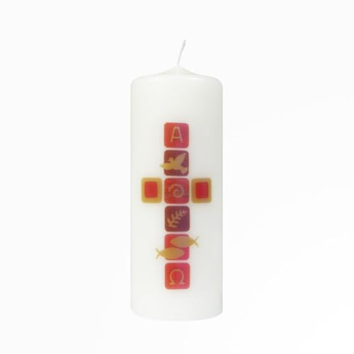 Hausosterkerze, Ostertischkerze Kreuz, Taube, A+O 160 x Ø 60 mm (Transferdruck)