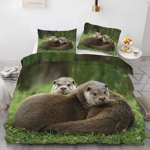 MLUNKQAIL Bettwäsche 135x200 Otter Bettbezüge GrüNes Gras Bettbezug Set 3 Teilig 3D Muster Mikrofaser Bettbezug mit Reißverschluss und 2 Kissenbezug 80x80cm