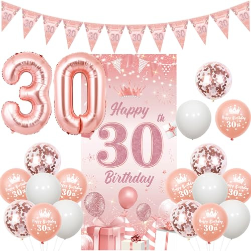 Sursurprise 30 Geburtstag Dekorationen Roségold für Frauen Happy 30th Birthday Türbanner Dreieck Flagge Banner Nummer 30 Luftballons Dreißig Jahre alt Geburtstag Party Supplies