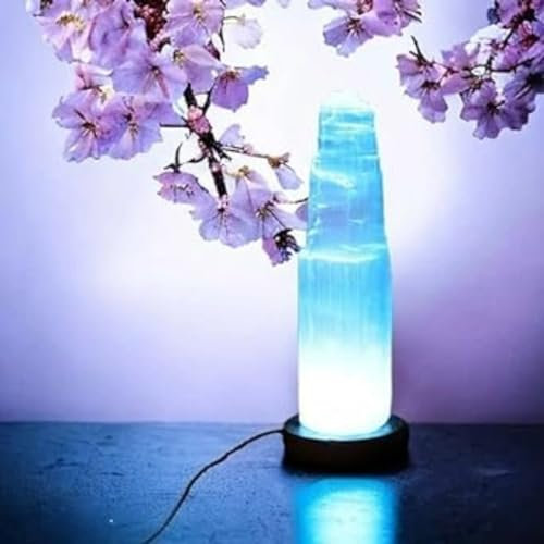 Reiner Selenitfelsenkristall-USB-LED-Bergturmleuchte mit mehrfarbigem Licht Handgefertigte heilende Mineralkunst, Holzbasis - Zuhause Meditationslampe, ganzheitliches Wohlbefinden (15 zentimeter)