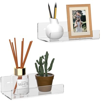 Hexsonhoma 18CM Klare Acryl Wandregal 2-Packung, Schwimmende Regale für Bücher, Home Decor, Digitaluhr, Lautsprecher, Weinflasche