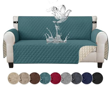 Jaotto Sofabezug 3 Sitzer wasserdichte Sofa Überzug mit Armlehnen Antirutsch Sofaschoner Sofaüberwurf Reversible Gesteppte Couch überzug für Haustiere Katzen Hunde,Grün