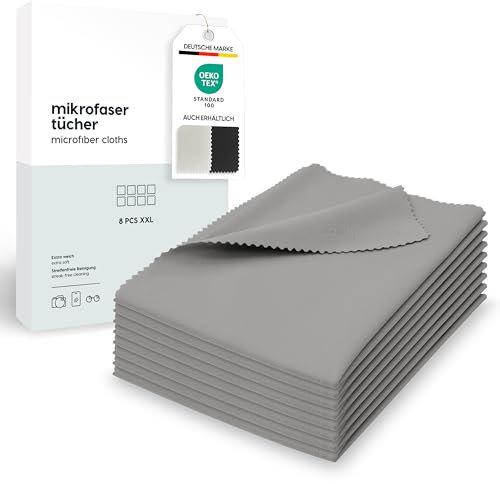 Bellphany XXL 8er Set Brillenputztücher Mikrofaser - 30 x 30 cm Mikrofasertücher Brillenputztuch in Optikerqualität (Grau)
