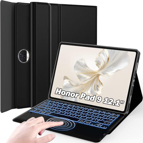 Nanhent Rétroéclairé Clavier Coque pour Honor Pad 9 Tablette 12.1 Pouces 2024, Smart Touchpad, AZERTY Français Amovible Bluetooth sans Fil Clavier avec Housse Étui Premium en Cuir PU (Honor Pad 9)