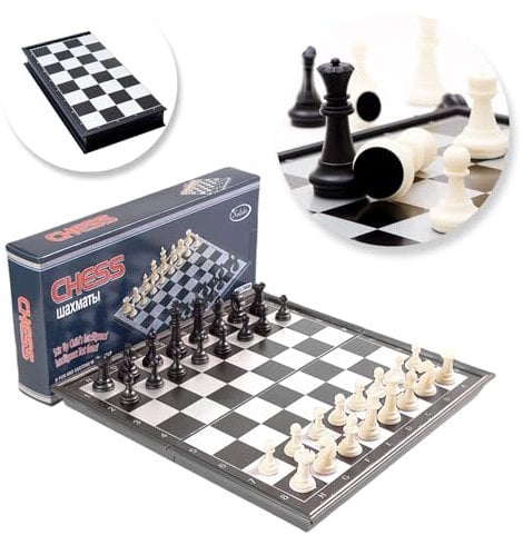 Folding Chess Board Travel Magnetic Chess Piece Set with Portable Storage Board - Traditional Strategy Game for Adults & Kids