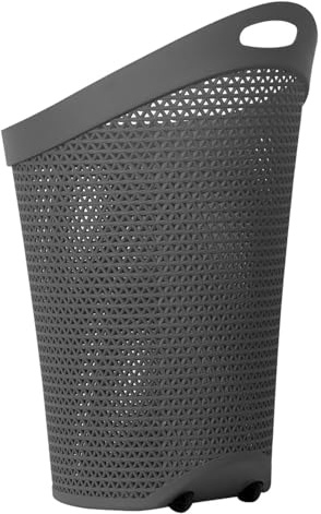 100L Laundry Basket with Wheels - Large Plastic Wheeled Washing Basket with Handle - Heavy-Duty Rattan Laundry Trolley Hamper Clothes Storage Organiser for Bedroom & Bathroom – Grey, 100 Litre