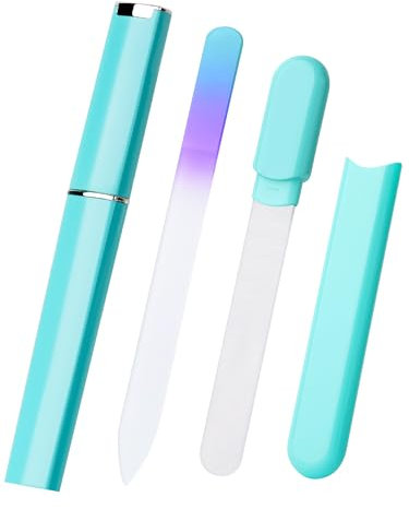 Glass Nail File and Buffer with Case, Crystal Fingernail Files for Natural Nails Care Glass Nail Shiner Nano Polisher for Travel Home Salon Nail Filer Stocking Stuffers for Women Girl Wife Gifts- Cyan