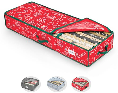 BRANTMAKER Geschenkpapier Aufbewahrung(103 * 35 * 15cm),Groß Geschenkpapier Organizer mit Oxford-Gewebe für Geschenkpapierrollen Zubehör,Rotes und Weißes Festliches Muster