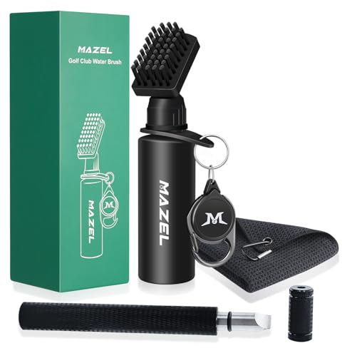 MAZEL Golf Club Cleaning Kit Retractable Golf Club Brush Golf Grooves Sharpener for Golf Iron and Wedge,Soft Microfiber Golf Towel with Clip, Easy Carry Golf Cleaner Tool Set (Black Golf Cleaning Kit)
