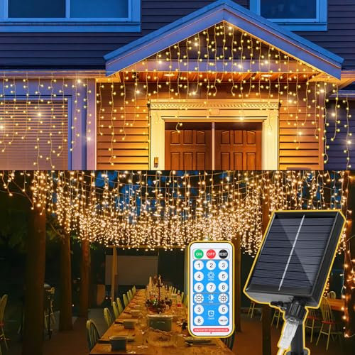 Fiqops Solar Eisregen Lichterkette Außen 15m Warmweiß 600 leds Solarlichterkette mit batterie & fernbedienung lichterketten aussen für Party Garten Weihnachten Hochzeit Beleuchtung Deko