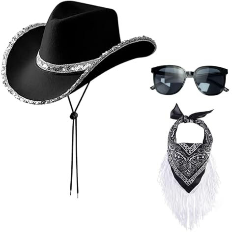 HDGSAFD 1 Sombrero De Vaquero Negro, 1 Pañuelo De Bolsillo Con Flecos Y 1 Gafas De Sol, Accesorios De Cosplay, Accesorios De Vestir Retro De Moda, Accesorios De Mujer
