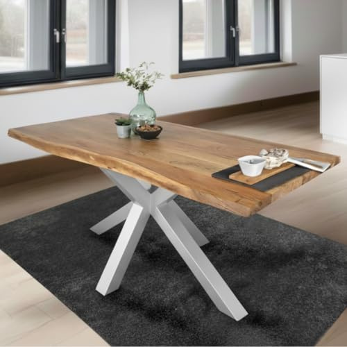 SAM Esstisch Tim 180x90 cm Akazie Natur/Spider-Gestell Silber | massiv, Echte Baumkante, Akazienholz naturfarben, Baumkantentisch, Esszimmertisch, Spider-Gestell silber
