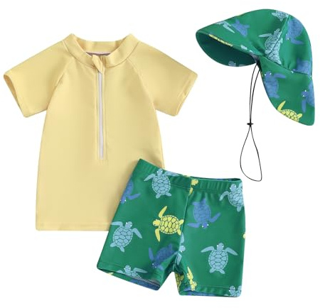 Maillot de Bain Bébé Garçon 3 Pièce Anti UV T-Shirt Manches Longues + Short de Bain + Chapeau de Soleil Costume de Bain Piscine Nataiton Plage (Jaune Tortue, 6-12 Months)