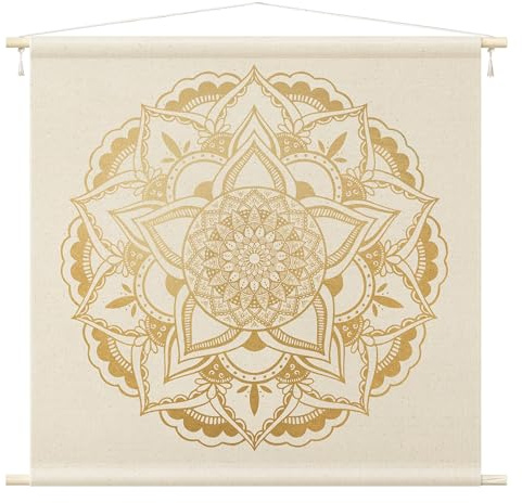 micasia Wandteppich Spirituell Stoffbild inkl. Holzstäbe & Seile Wanddeko - Made in Germany - Mandala Illustration gold Wohnzimmer Schlafzimmer Wandbehang 1059 (110x110cm)