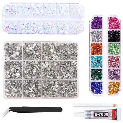 White and Colourful Resin Rhinestones Kits, 2mm-6mm Mixed Flatback Round Rhinestones with 1 Tweezers Glue Pen, Bedazzling Diamonds Crystal Gems for Craft Nail Art Face Makeup Tumblers Mugs Clothing