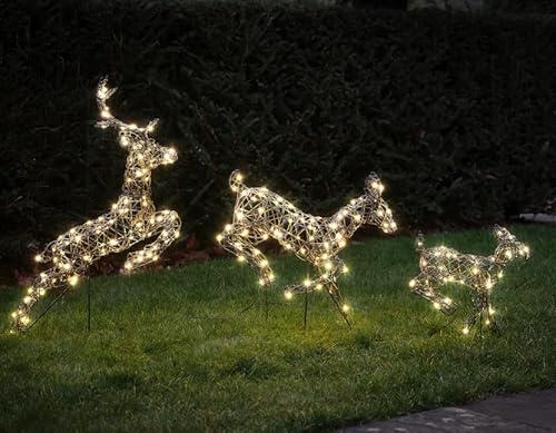 Lights4fun Harlow Leaping Light Up Reindeer Family with 240 LED Lights Across Three Figures | Stands, Ground Stakes and Guy Ropes Included | Outdoor Christmas Plug in Decoration