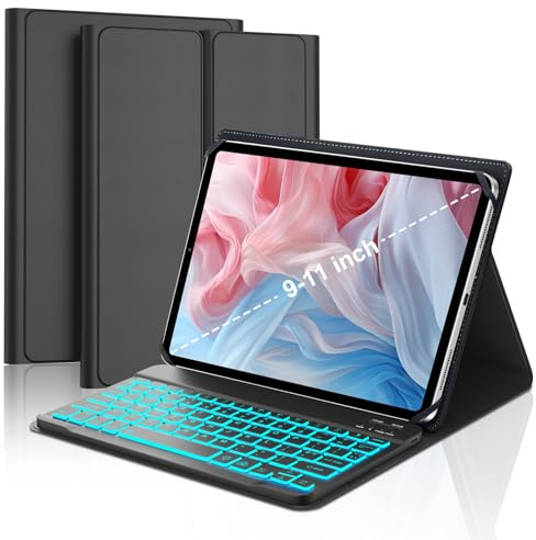 FOGARI Universal Tablet Keyboard Case for 9/9.7/10/10.1/10.2/10.3/10.5/10.6/10.9 11, Rechargeable BT UK Layout Backlit Keyboard, Cover with Stretch Strap for Android,IOS 9-11 Inch Tab,Black