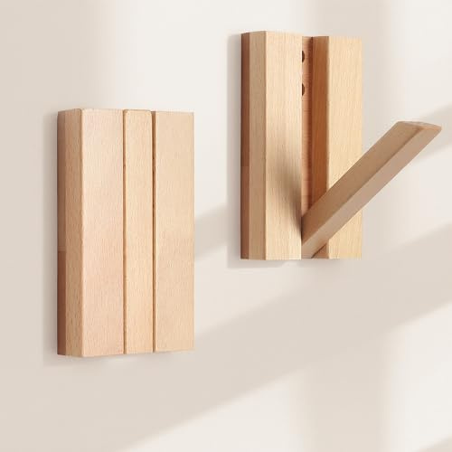 KYIAANY Wall Hooks for Small Space: 2Pack Foldable Wood Natural Coat Hooks