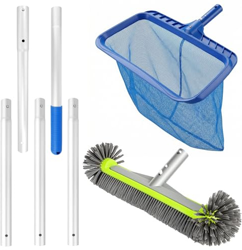 Juego de Limpieza para Piscina Que Incluye Cepillo Redondo, Mango de Aluminio Desmontable de 169 cm y rastrillo para Hojas, para una Limpieza eficiente – Kit de Limpieza de Piscinas Profesional