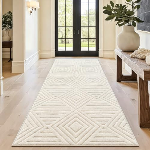 Capslpad Teppich Läufer Flur 80x200cm Creme Modern Waschbar Küchenläufer Teppich 3D Geometrie Hoch Tief Effekt rutschfest Teppiche für Wohnzimmer Schlafzimmer Eingang